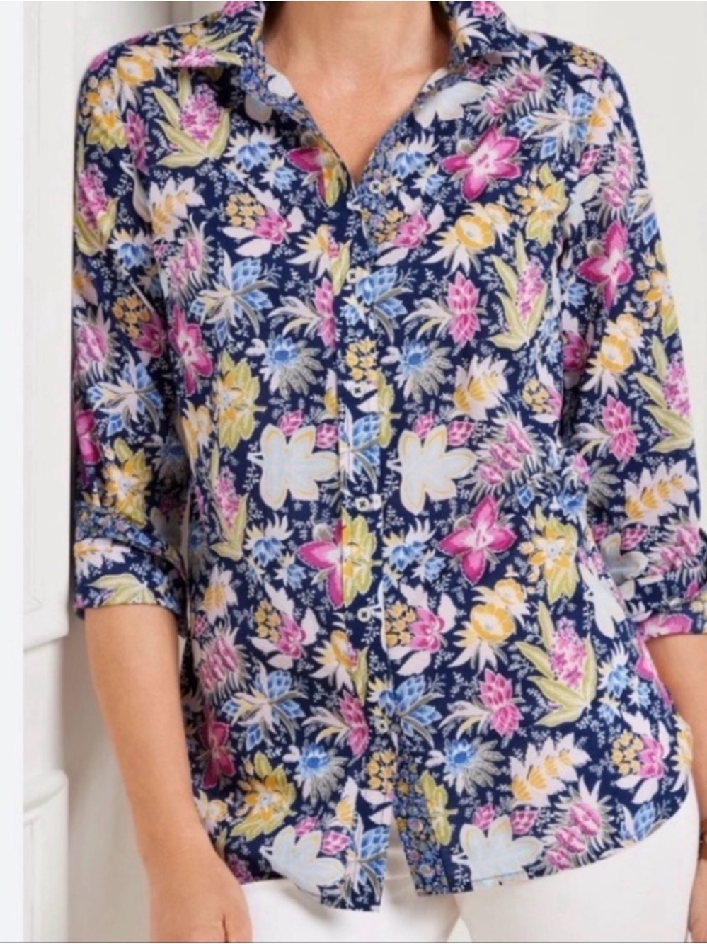 Talbots Floral Cotton Button Front Shirt Blouse Colorful Size‎ XL Petite NWT